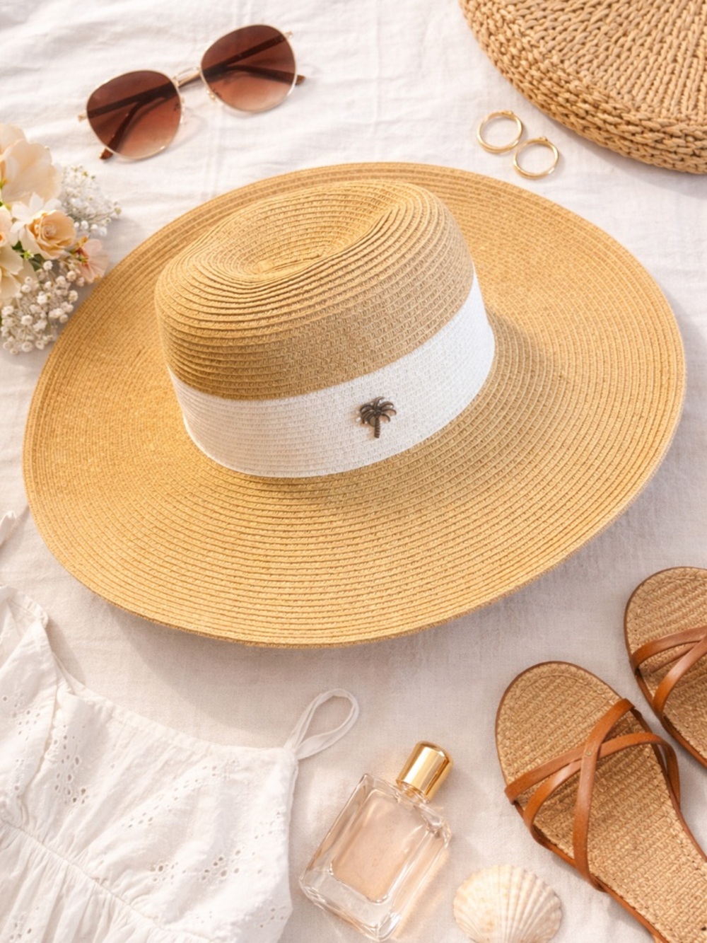 Straw Wide Brim Panama Hat Neutral Tan w/ Cream Band Bee Detail Boho Beach Sun